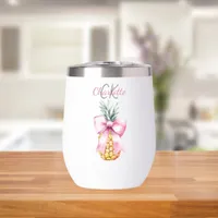 Pink bow pineapple tropical summer monogram thermal wine tumbler