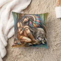 Native American Woman With Wolf by Stream Throw Pillow