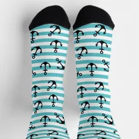 Nautical Blue White Stripes Anchors Cruise Ship Socks