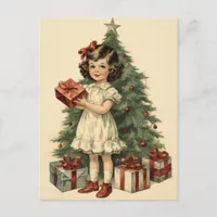 Cute Girl with Gifts Mid-Century Style Holiday Postcard