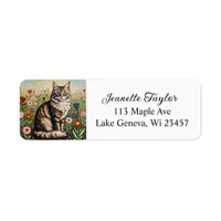 Fluffy Gray Tabby Cat and Folk Art Flowers Label