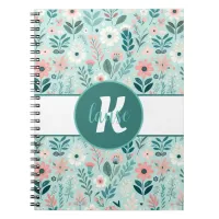 Pretty Blue and Pink Pastel Folk Art Flowers Notebook