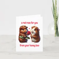 Cute Guinea Pigs in Love Exchange a Red Rose Holiday Card