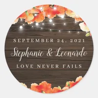 Rustic Wedding String Lights Wood Poppy Classic Round Sticker