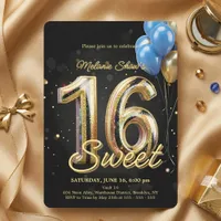 Black Gold Blue Sparkle Balloons Sweet 16 Birthday Invitation