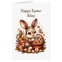 Large Cute Vintage Easter Bunny, Basket and Eggs Card