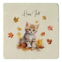 Cute Orange Tabby Kitten in Fall Leaves Trivet