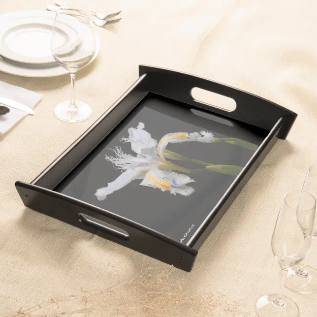 Elegant White Floral Crested Iris Flower Serving Tray