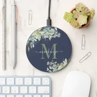 Elegant Navy Blue Eucalyptus Floral  Wireless Charger