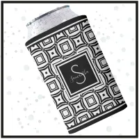 Stylish Black & White Geometric Pattern Monogram  Seltzer Can Cooler