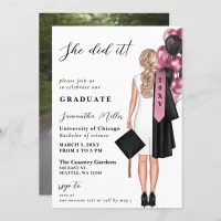 Modern Pink Photo She Did It Graduation Invitation