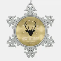 Deer Antlers Silhouette & Snowflakes Gold ID861 Snowflake Pewter Christmas Ornament