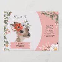 Woodland Floral Deer Girl's 4th Birthday Invitation