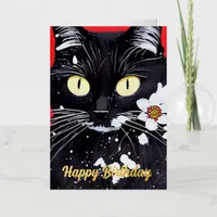 Black Cat With White Flowers Birthday Foil Greeting Card