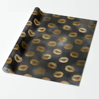 Black and Gold Glam Lips Pattern Wrapping Paper
