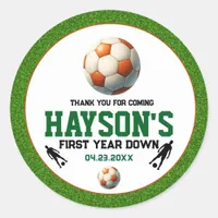 Soccer First Year Down 1st Birthday Party Classic Round Sticker