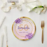 50th birthday party rose gold pirple florals name paper plates