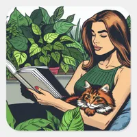 Woman Reading a Book with a cat on her Lap Square Sticker