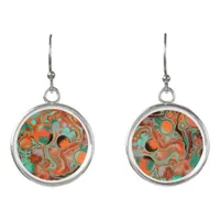 Brown, Teal, Orange Marble Fluid Art  Earrings