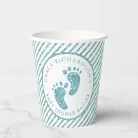 Teal Glitter Baby Feet Paper Cups | Personalized 