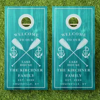 Rustic Lake House Wood Established Family Name Cornhole Set