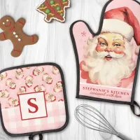 Vintage Santa Face Pink Gingham Monogrammed Oven Mitt & Pot Holder Set