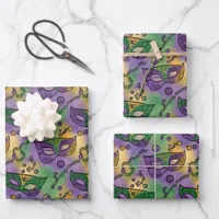 Mardi Gras Masks and Beads Purple Green Yellow Wrapping Paper Sheets