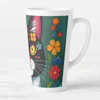Black and White Folk Art Cat and Flowers Whimsical Latte Mug