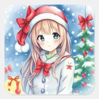 Cute Festive Anime Girl Christmas Square Sticker