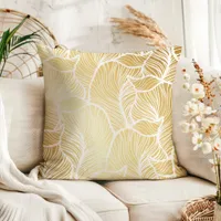 Tropical Gold and White Palm Leaves Pattern Throw Pillow