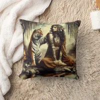 Native American Woman Sitting by Tiger in Nature Throw Pillow