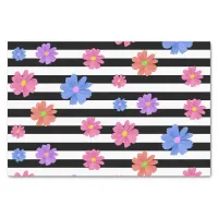 Trendy Floral Black & White Stripes Patterned Tissue Paper