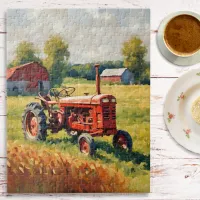 Vintage Red Tractor Farm Retro Countryside Rustic Jigsaw Puzzle