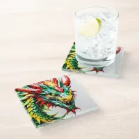 Fire breathing dragon red, green, and yellow scale glass coaster