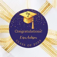 Graduation party graduate blue gold cap 2025 classic round sticker