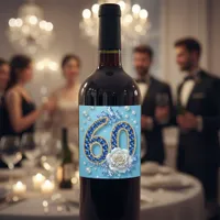 Elegant Shiny Blue and Pearl Jewels 60th Birthday Wine Label