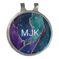 Agate Blue Purple Aqua Gold Veins Monogram Golf Hat Clip