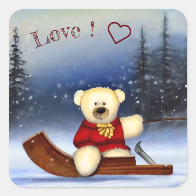 Bear on a sledge in the snow square sticker