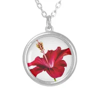 Red Hibiscus Flower Side View Silver Plated Necklace