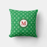 Wreath Monogram White Snowflakes Green Background Throw Pillow