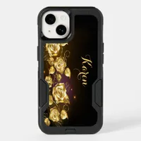 Elegant gold roses on black and purple OtterBox iPhone 14 case