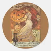 Halloween Vintage Woman and Jack o' Lantern Classic Round Sticker