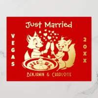 Just Married In Las Vegas, Fox Couple Red And Gold Foil Holiday Postcard