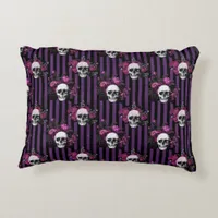 Halloween Purple and Black Floral Striped Skulls Accent Pillow