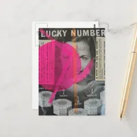 Lucky Number lady Mixed media collage Postcard