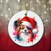 Papillon Dog in Santa Hat Christmas Personalized Ceramic Ornament