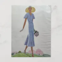 1930s Fashion Woman in Blue and White Dress  Postcard