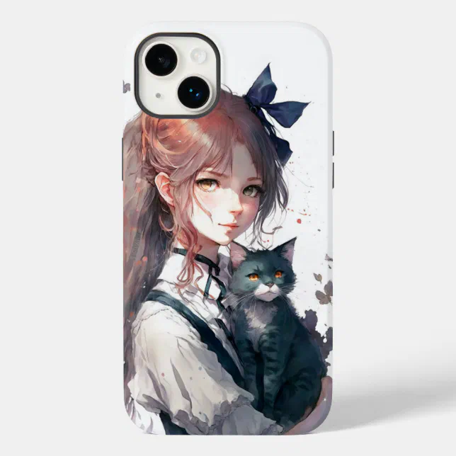 Anime Girl Holding Her Cat Watercolor Portrait Case-Mate iPhone 14 Plus Case