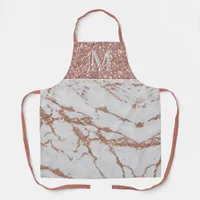 Monogram Metallic Pink Rose Gold Marble & Glitter Apron