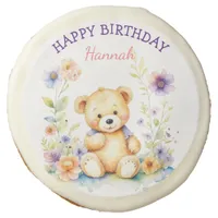 Teddy Bear in Flowers Girl's Birthday Party Sugar Cookie